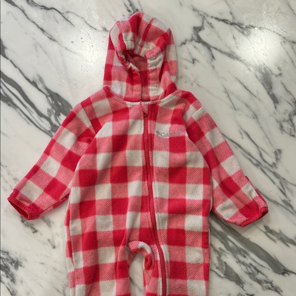 Columbia Infant Snowtop II Fleece Bunting – White & Pink Plaid – 12 Months